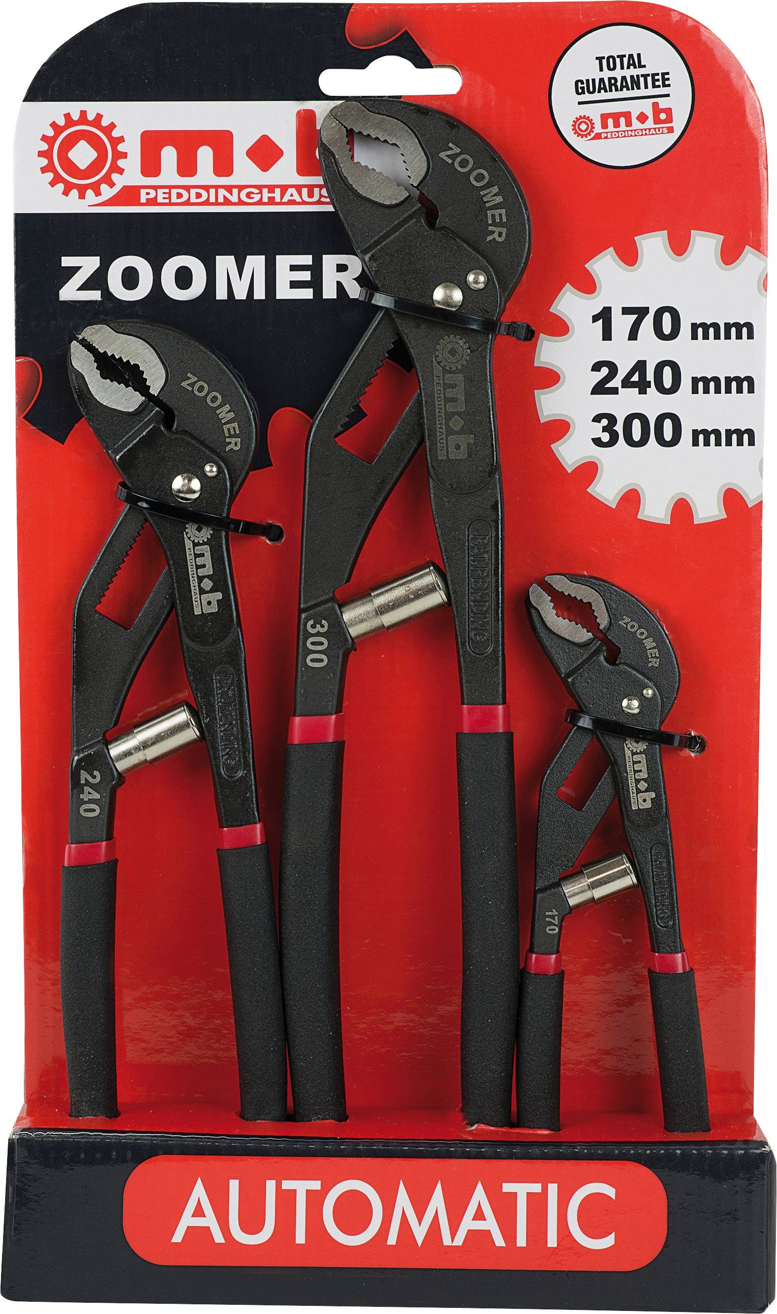 'Trije klešči Zoomer za črpalke v kompletu z navedbo velikosti: 170 mm, 240 mm, 300 mm. Embalaža z rdečo podlago in logotipom izdelka.'