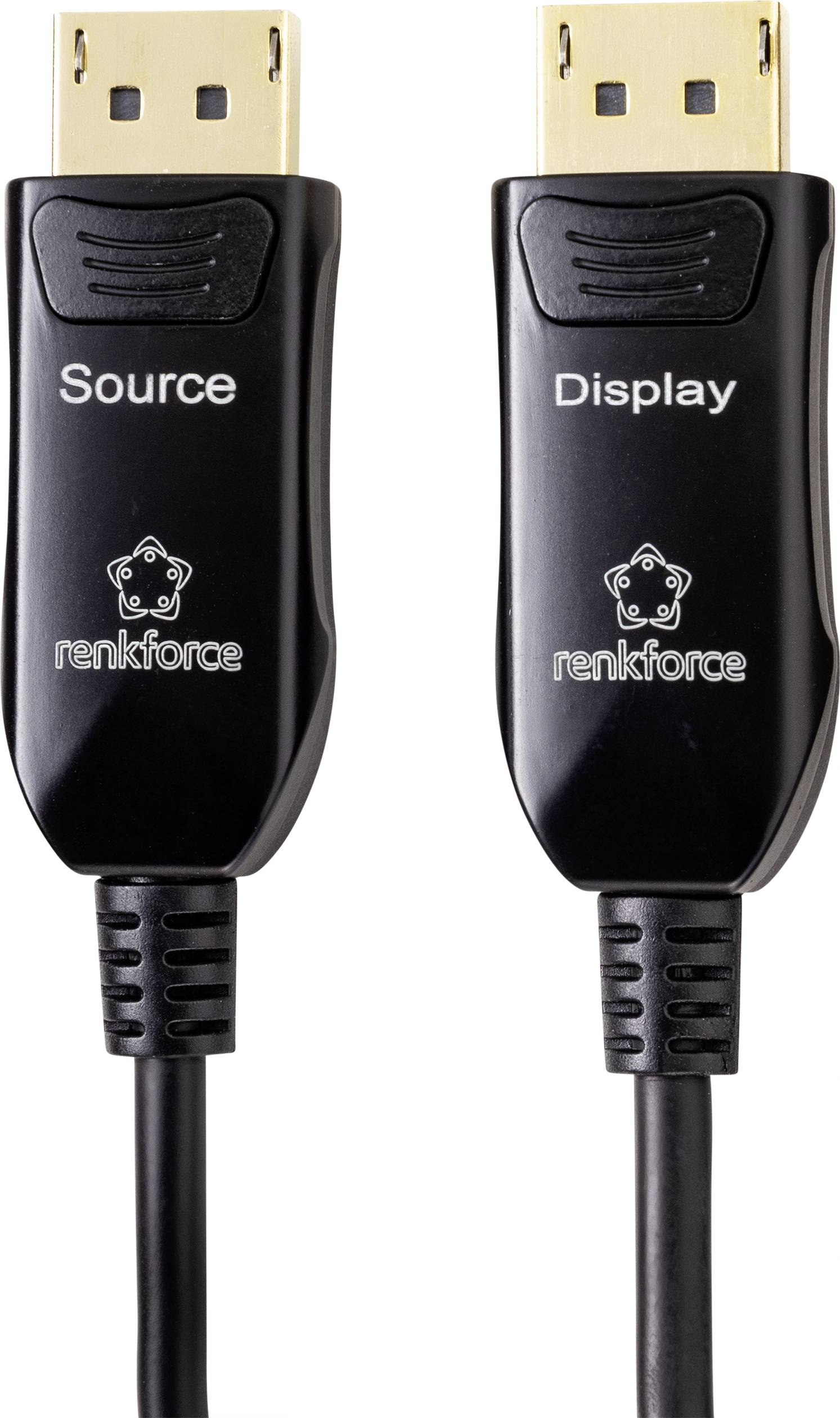 Dva črna HDMI-kabla z napisi 'Vir' in 'Zaslon', oba znamke Renkforce, prepoznavna po zlatih vtičih.