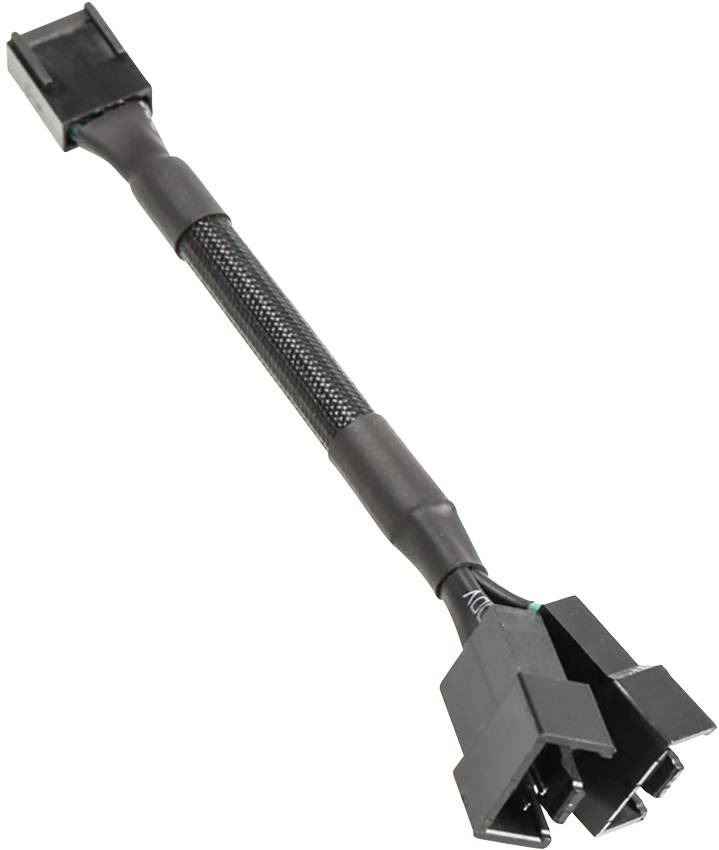 Y-kabel s črnimi vtiči, ki se uporablja za povezovanje računalniških ventilatorjev. Ima dva ženski in en moški priključek.