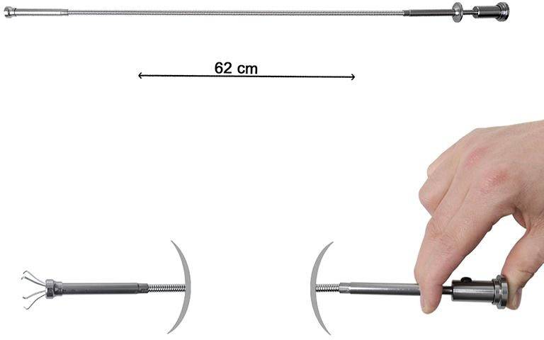 Podaljšljivo prijemalko, ki se upravlja z eno roko, v uporabi. Dolžina 62 cm prikazana z razprtimi prijemnimi rokami.