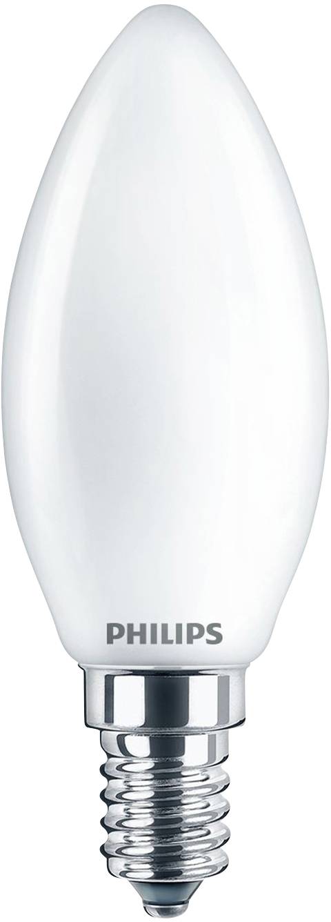 Bela LED-žarnica v obliki sveče z vtičnico E14 podjetja Philips, primerna za svetila z majhno podnožnico.