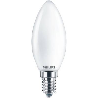 Bela LED-žarnica v obliki sveče z vtičnico E14 podjetja Philips, primerna za svetila z majhno podnožnico.