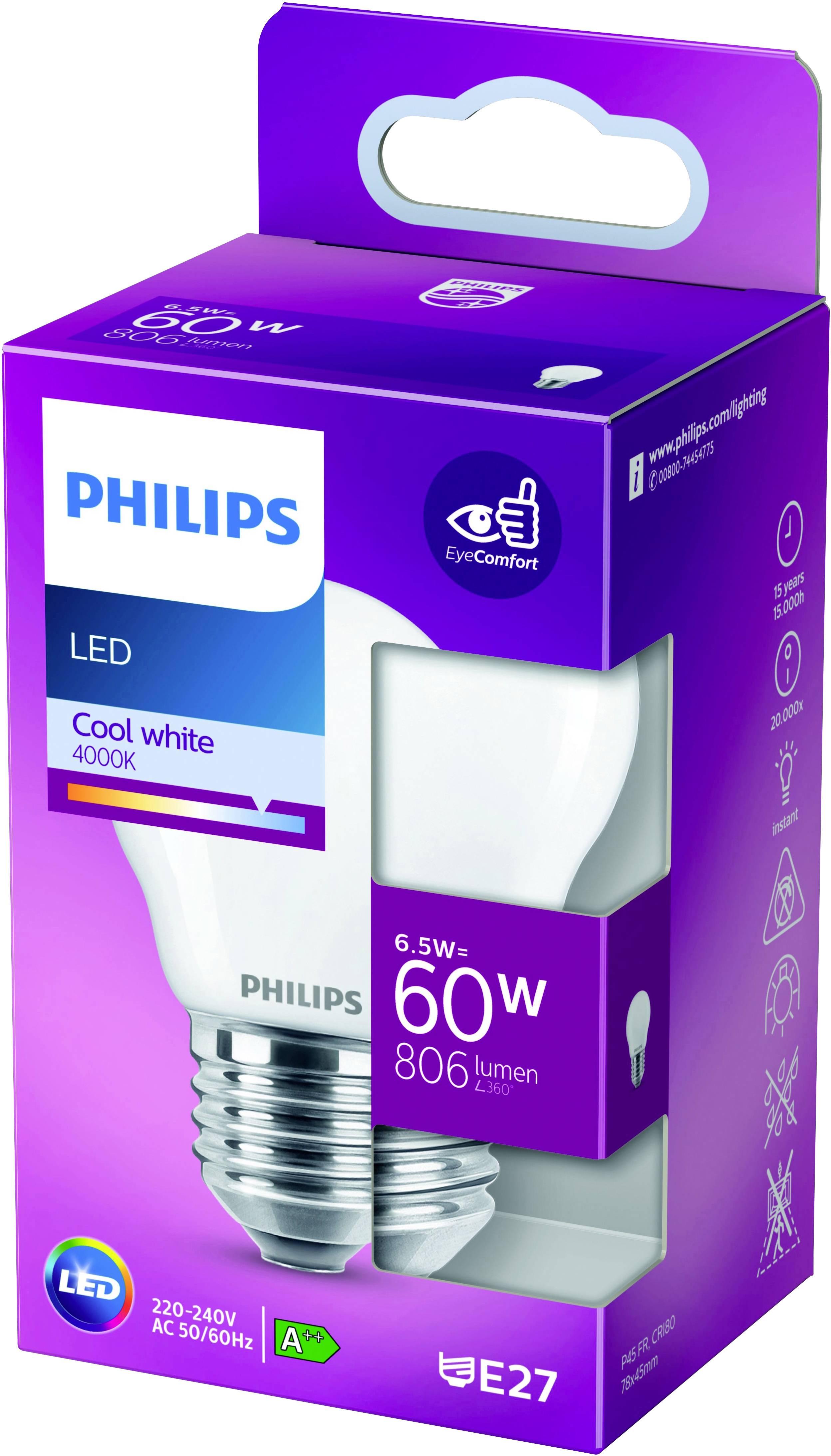 'Philips LED-žarnica, E27, 6,5W (nadomešča 60W), 806 lumnov, hladno bela 4000K, energijski razred A++, tehnologija EyeComfort, za notranje prostore.'