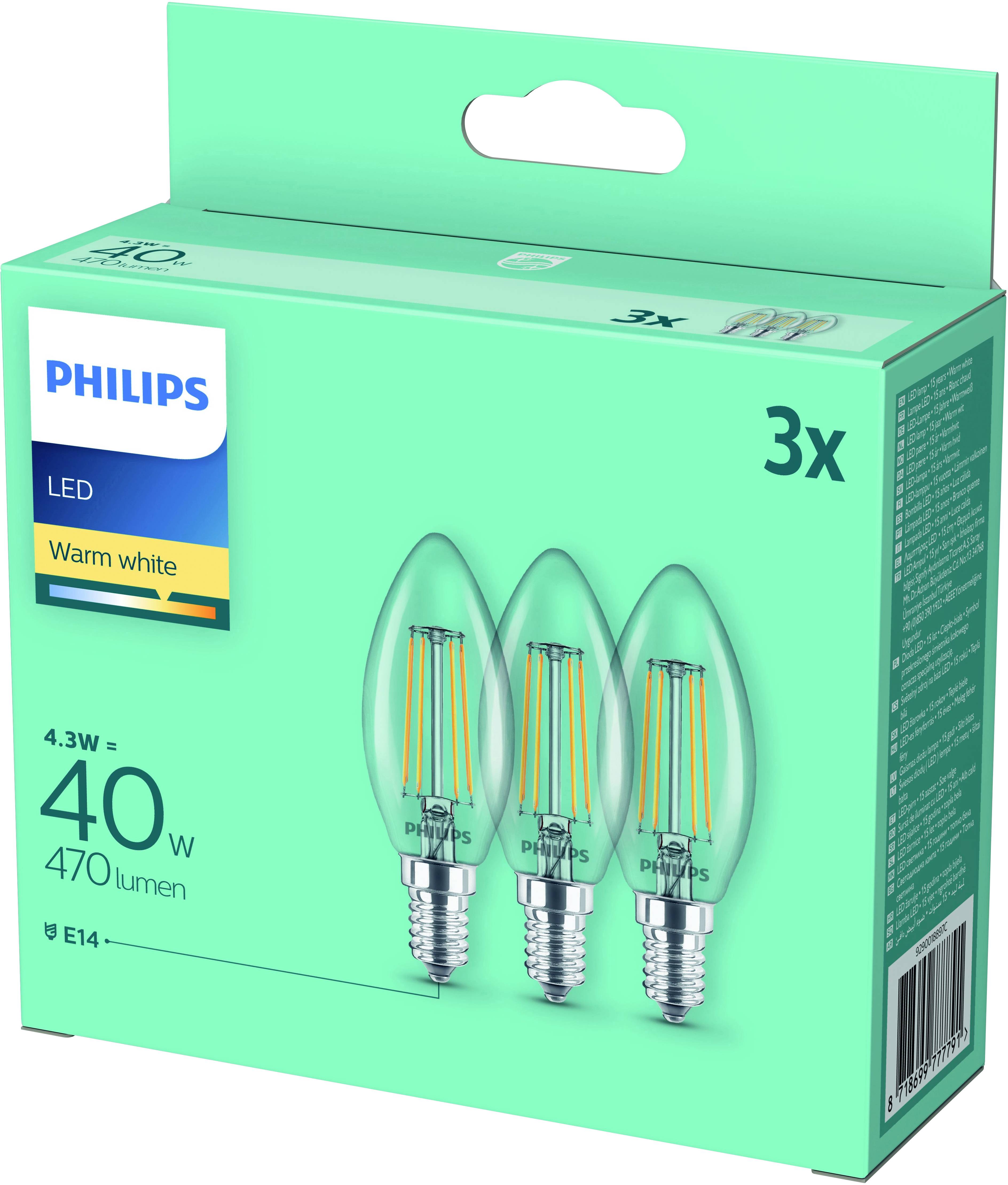 Embalaža s tremi LED-sijalkami Philips, toplo bele, 4,3 W ustreza 40 W, 470 lumnov, podnožje E14.
