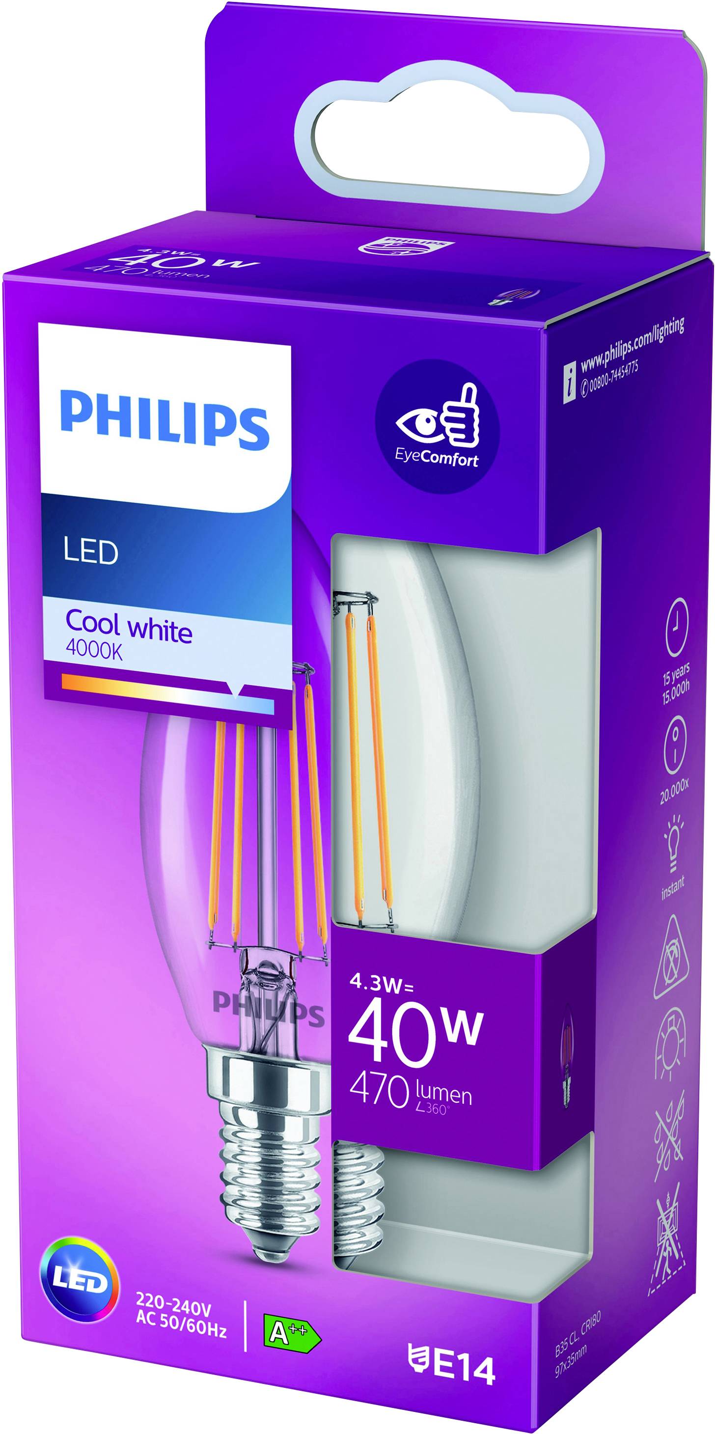 'Philips LED-sijalka, E14, 4,3 W, ustreza 40 W, 470 lumnov, hladna bela 4000K, energetsko učinkovita, EyeComfort tehnologija.'