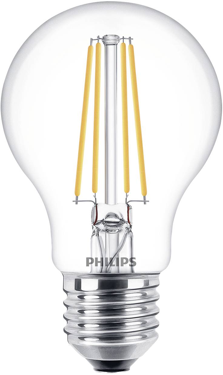 LED-žarnica v obliki A19 z Edison navojem in vidno nitko, blagovna znamka 'Philips' na kovinski objemki.