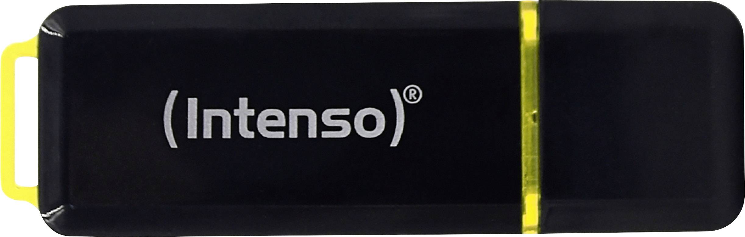 Črn USB ključek z rumeno potezo, znamke 'Intenso'.