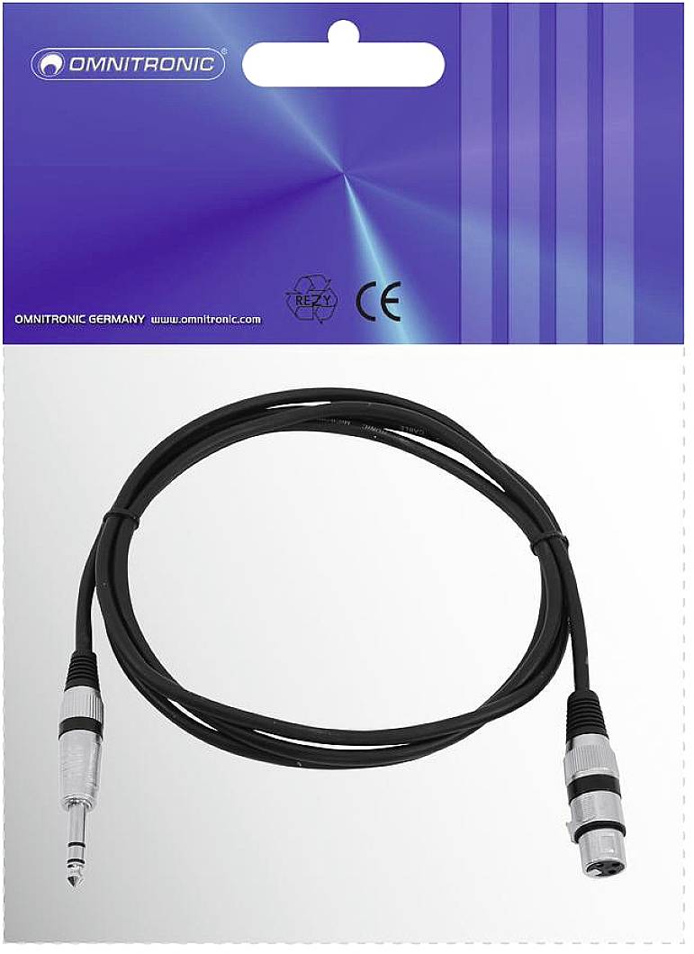 Črn avdio kabel s 3,5-milimetrskima vtičema na obeh straneh leži na beli podlagi. Embalaža prikazuje blagovno znamko 'Omnitronic'.