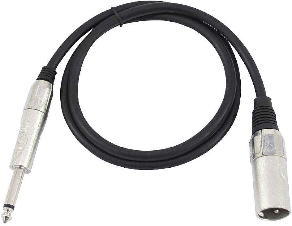 Črn avdio kabel s TRS vtičem na levi strani in XLR vtičem na desni strani, pogosto uporabljen za povezovanje avdio naprav.