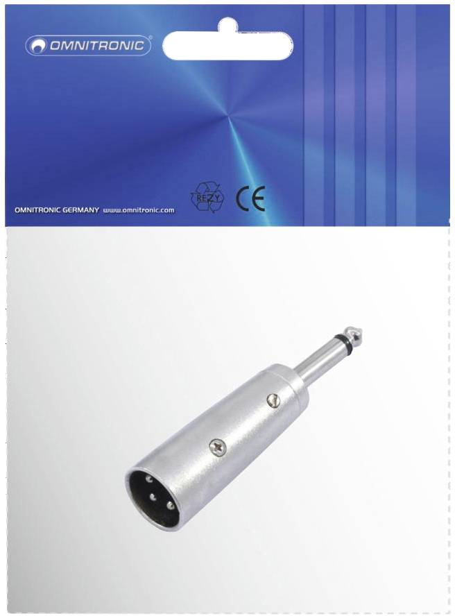 Adapter iz XLR na jack, pakiran in opremljen z modro nalepko na vrhu, označen z logotipom blagovne znamke in CE-znakom.