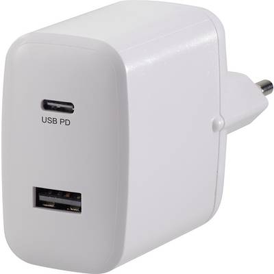 Belo USB polnilnik z USB-C in USB-A priključkoma, označen z 'USB PD', primeren za hitro polnjenje naprav.
