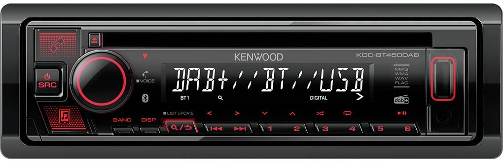 Črn Kenwood avtoradio z zaslonom. Prikazuje možnosti 'DAB', 'BT', 'USB'. Več gumbov spodaj za upravljanje funkcij.