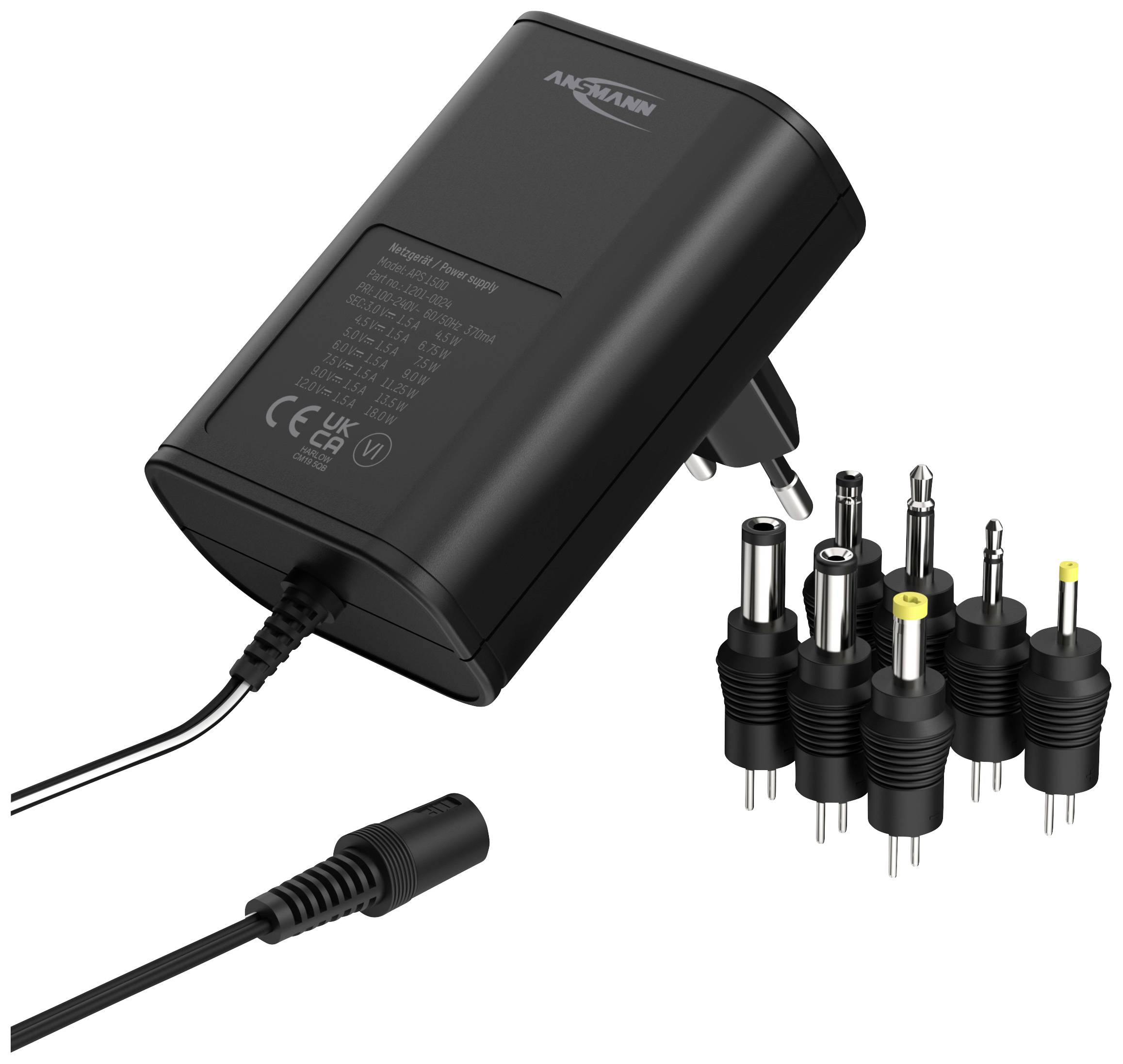Črni napajalnik z različnimi adapterji za različne priključke, primeren za večnamensko elektronsko opremo.