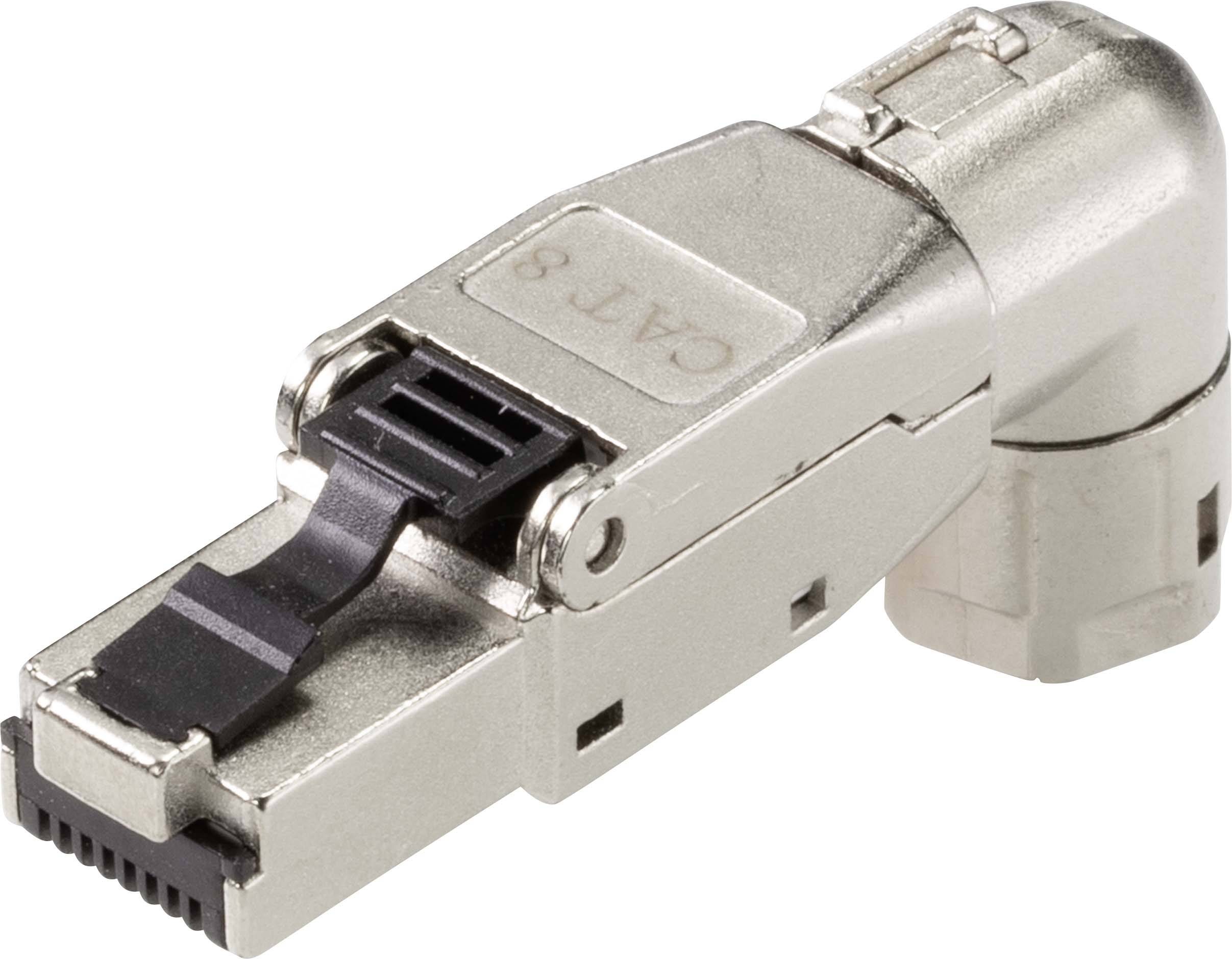 Srebrni RJ45 vtič za CAT 8 kable, primeren za visoke hitrosti prenosa podatkov in omrežne aplikacije.