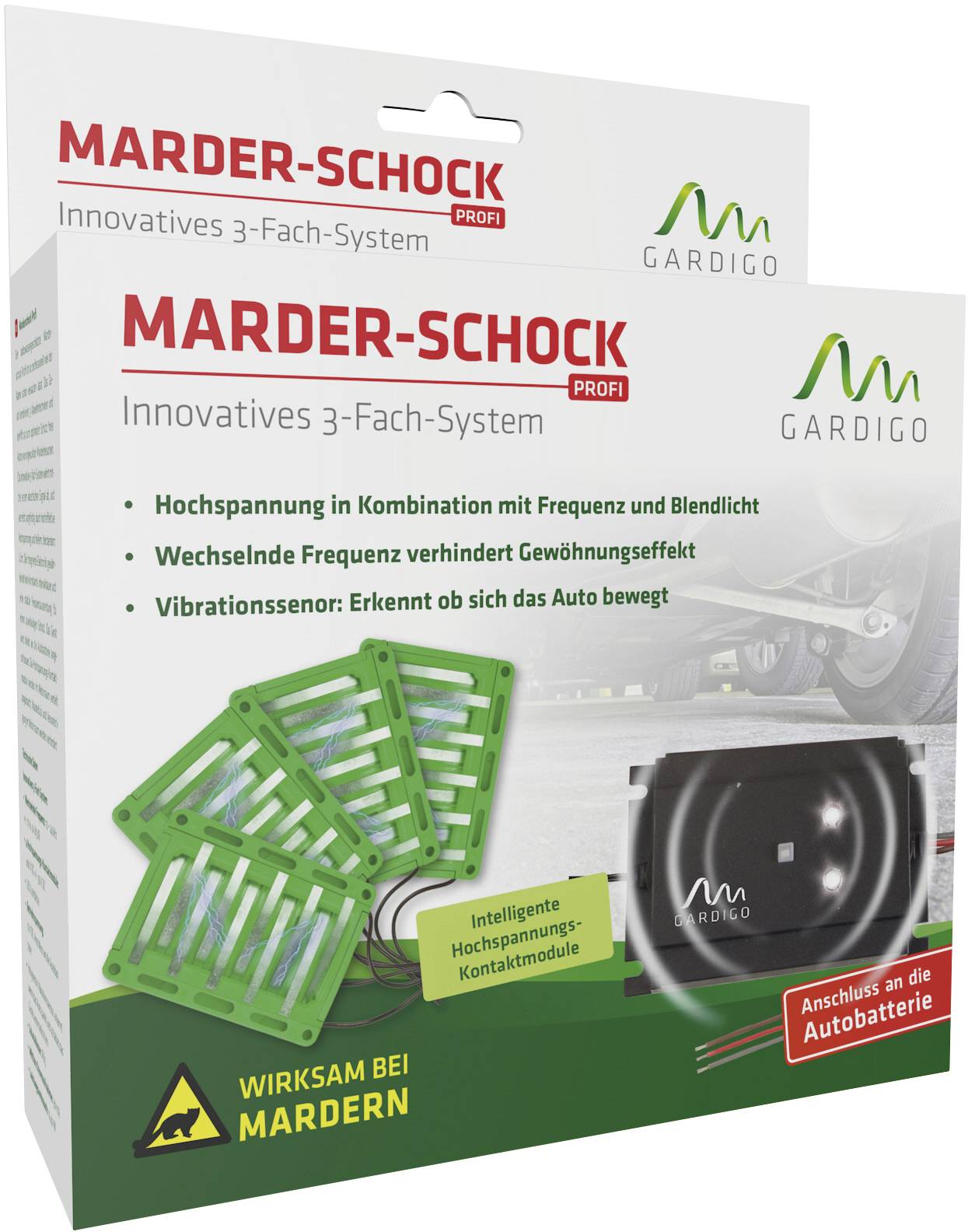 Embalaža sistema proti podganjim kundam z imenom 'Marder-Schock Profi'. Poudarjen je inovativen trizložni sistem za zaščito pred kunami.