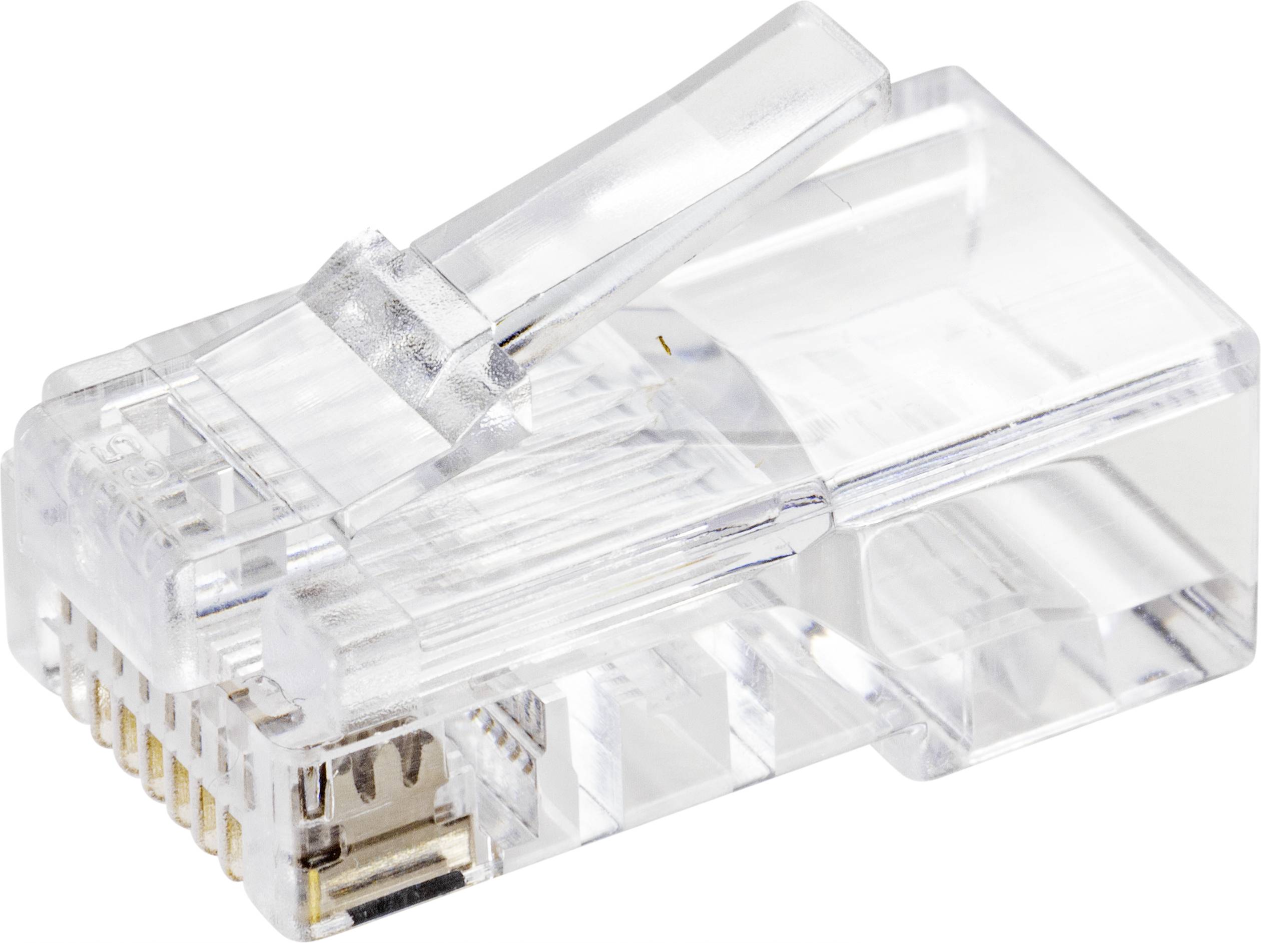 Prozoren RJ45 vtič, ki se uporablja za omrežne povezave, prikazuje kovinske kontakte in plastično ohišje.