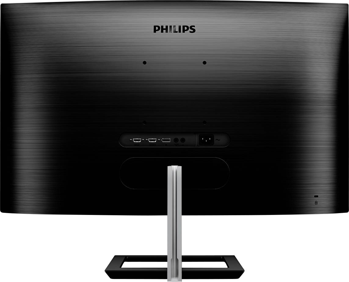 Zadnja stran monitorja Philips s kovinskim stojalim. Vidni so priključki, kot sta HDMI in električni priključek.