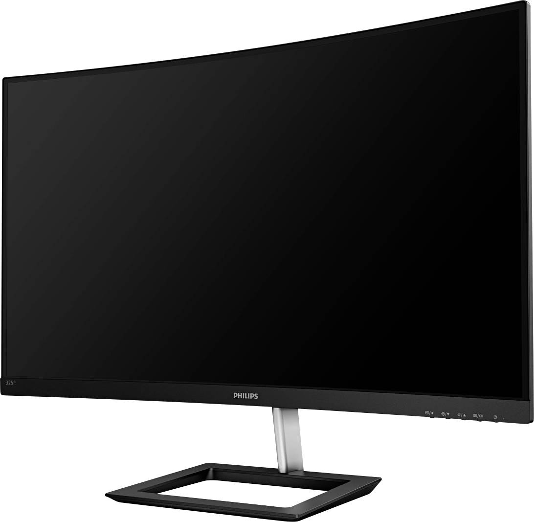 Ukrivljen Philipsov monitor z črnim zaslonom stoji na pravokotnem podstavku.