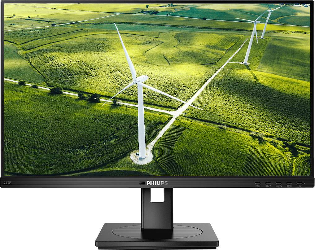 Monitor prikazuje fotografijo več vetrnih elektrarn na zelenih poljih.