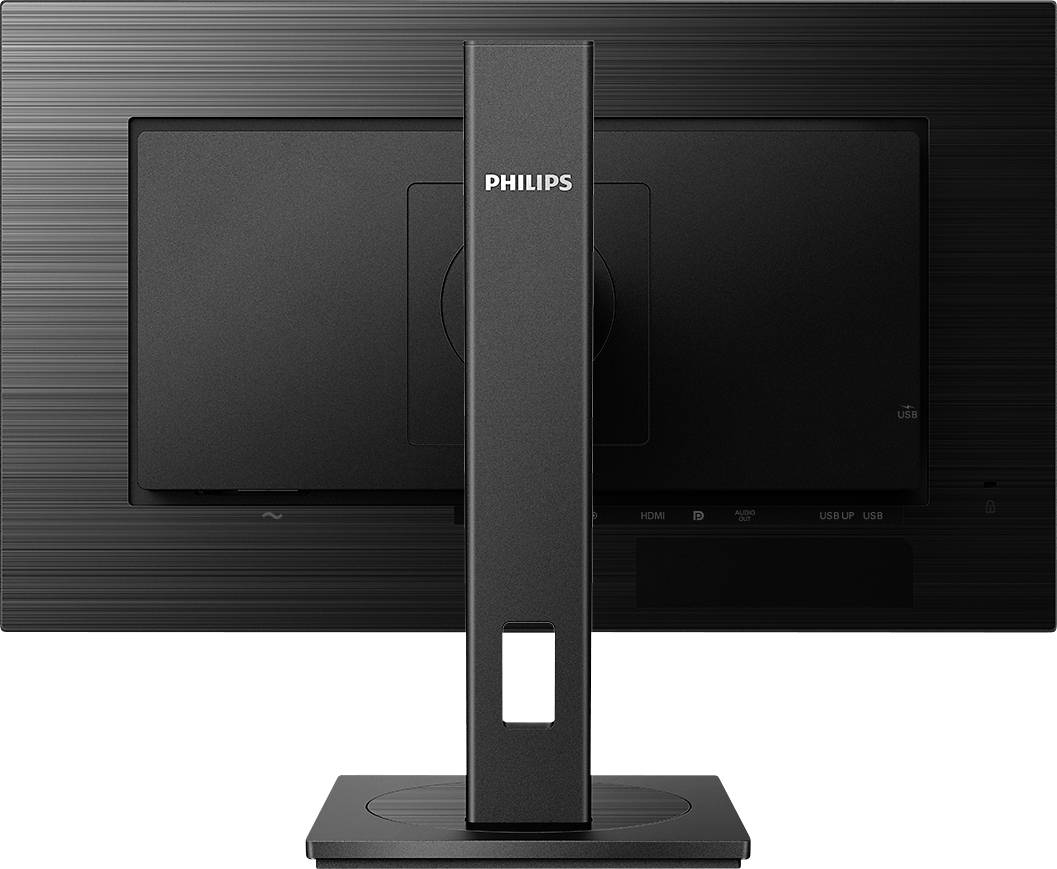 Črn računalniški monitor, posneman od zadaj, z navpičnim podstavkom, na katerem je logotip Philips.