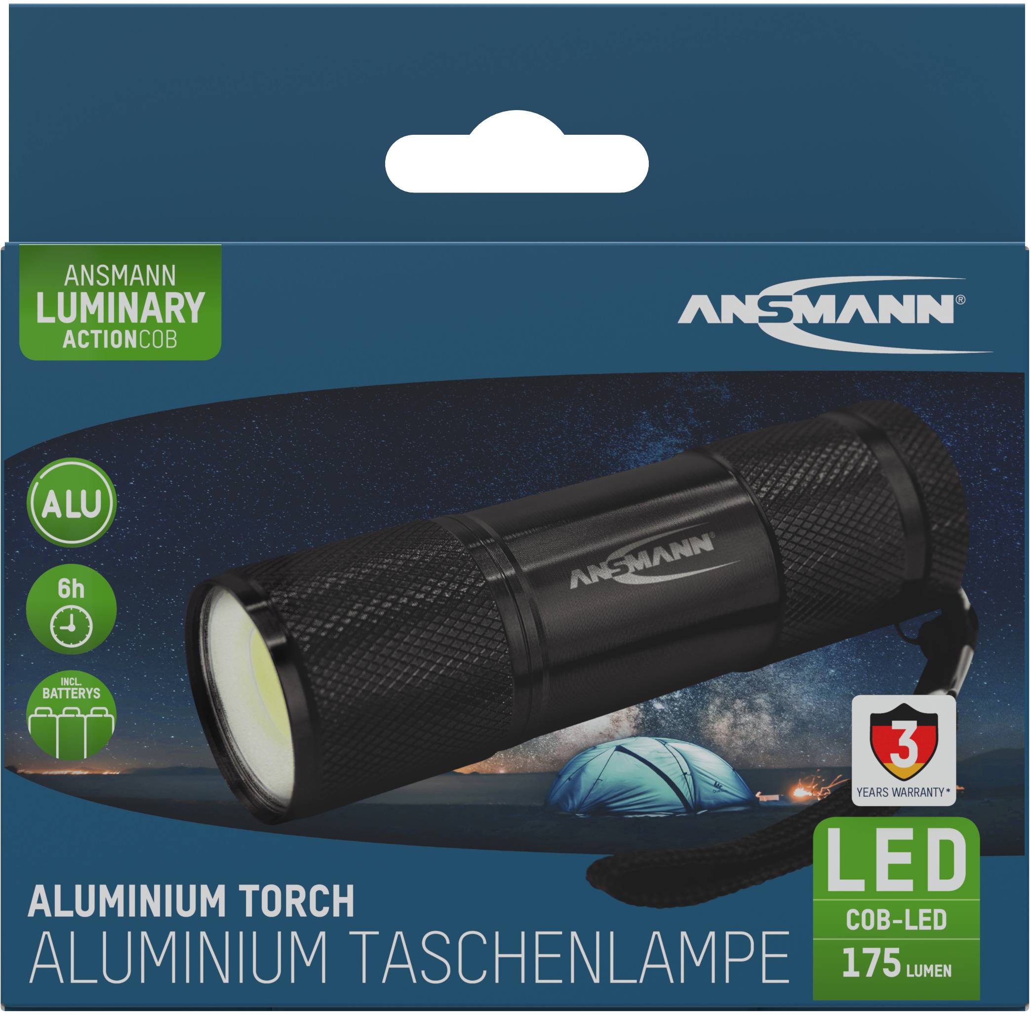 'Aluminjasta svetilka, 175 lumnov, 6 ur delovanja, z sponko. Idealna za kampiranje ali zunanje aktivnosti. 3 leta garancije.'
