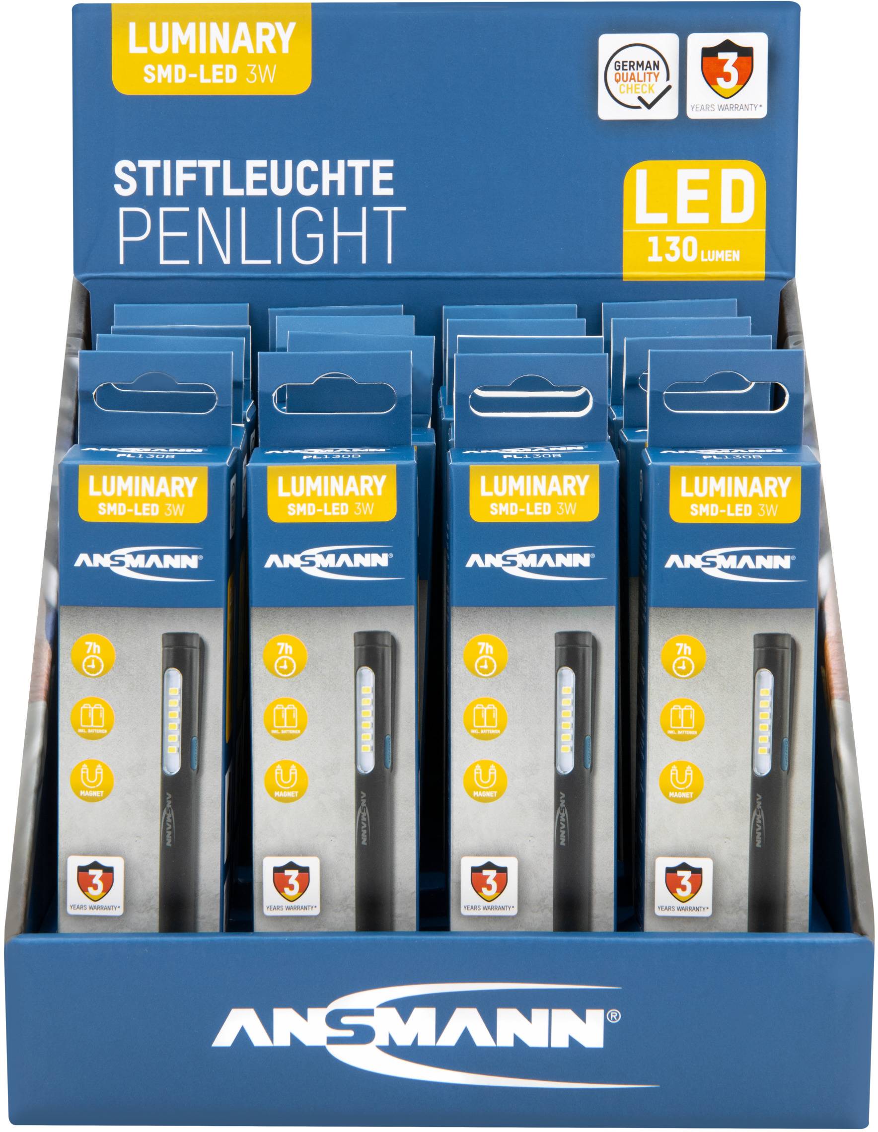 Škatla z več modrimi embalaţami, ki prikazuje Ansmann svetilke (pisarske svetilke). Zgoraj je besedilo 'Luminary SMD-LED 3W'.
