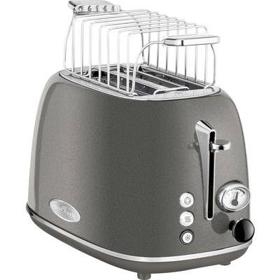 Siv toaster z dvema režama, funkcijo za žemljice na vrhu ter regulatorji in tipkami za različne nastavitve na strani.