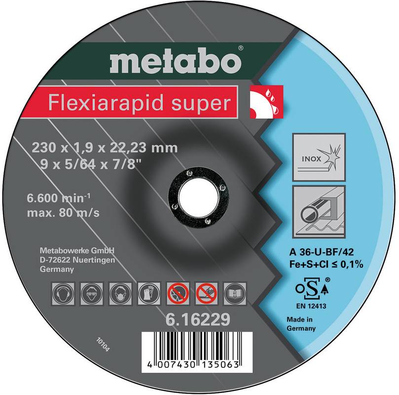 Metabo Flexiarapid super rezalni disk nalepka s specifikacijami: 230 x 1,9 x 22,23 mm, 6.600/min max 80 m/s, za inox, tip A 36-U-BF/42.