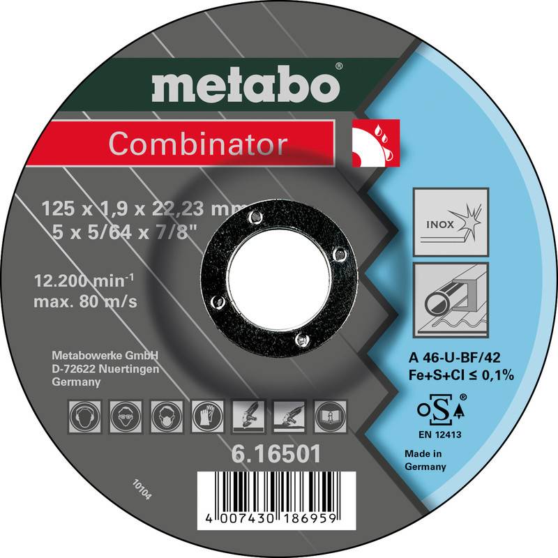 Embalaža oznake za Metabo 'Combinator' rezalni krog, ki prikazuje velikost 125 x 1,9 x 22,23 mm, maks. 12.200 obr./min in kodo proizvoda 6.16501.