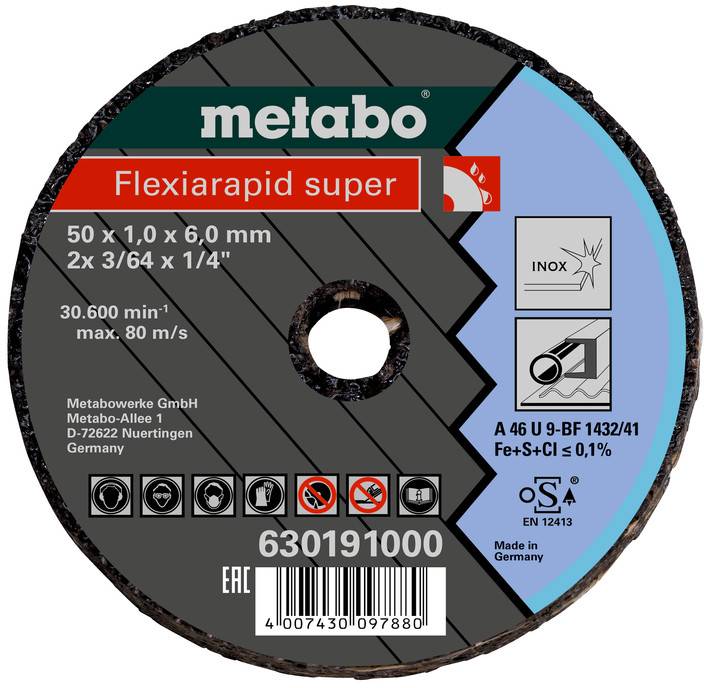 Metabo Flexiarapid super rezalna plošča - nalepka, ki prikazuje velikost 50 x 1,0 x 6,0 mm, max 30.600 obratov na minuto in ikone za uporabo na nerjaveči jeklo/jeklo.