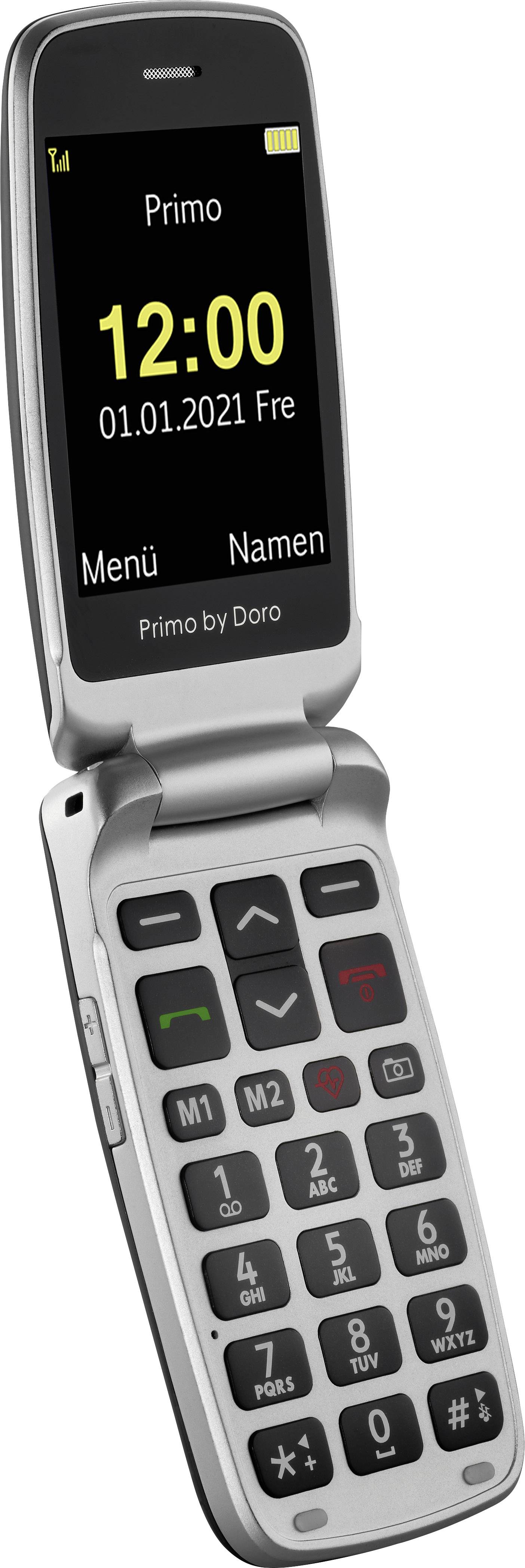 Zložljiv mobilni telefon z velikim zaslonom prikazuje '12:00, 01.01.2021, Pet' in velike tipke za preprosto upravljanje.