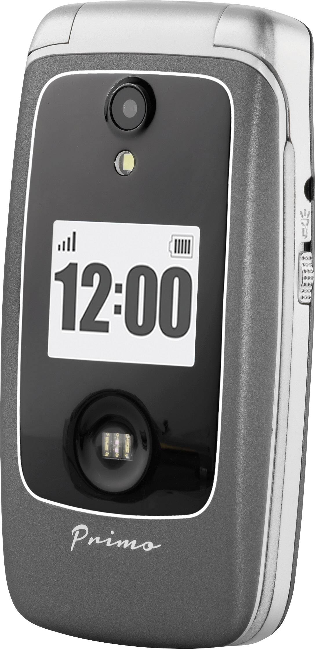 Preklopni mobilni telefon z velikim zunanjim zaslonom, prikazuje čas '12:00', kamera in LED-svetilka zgoraj, srebrn rob.