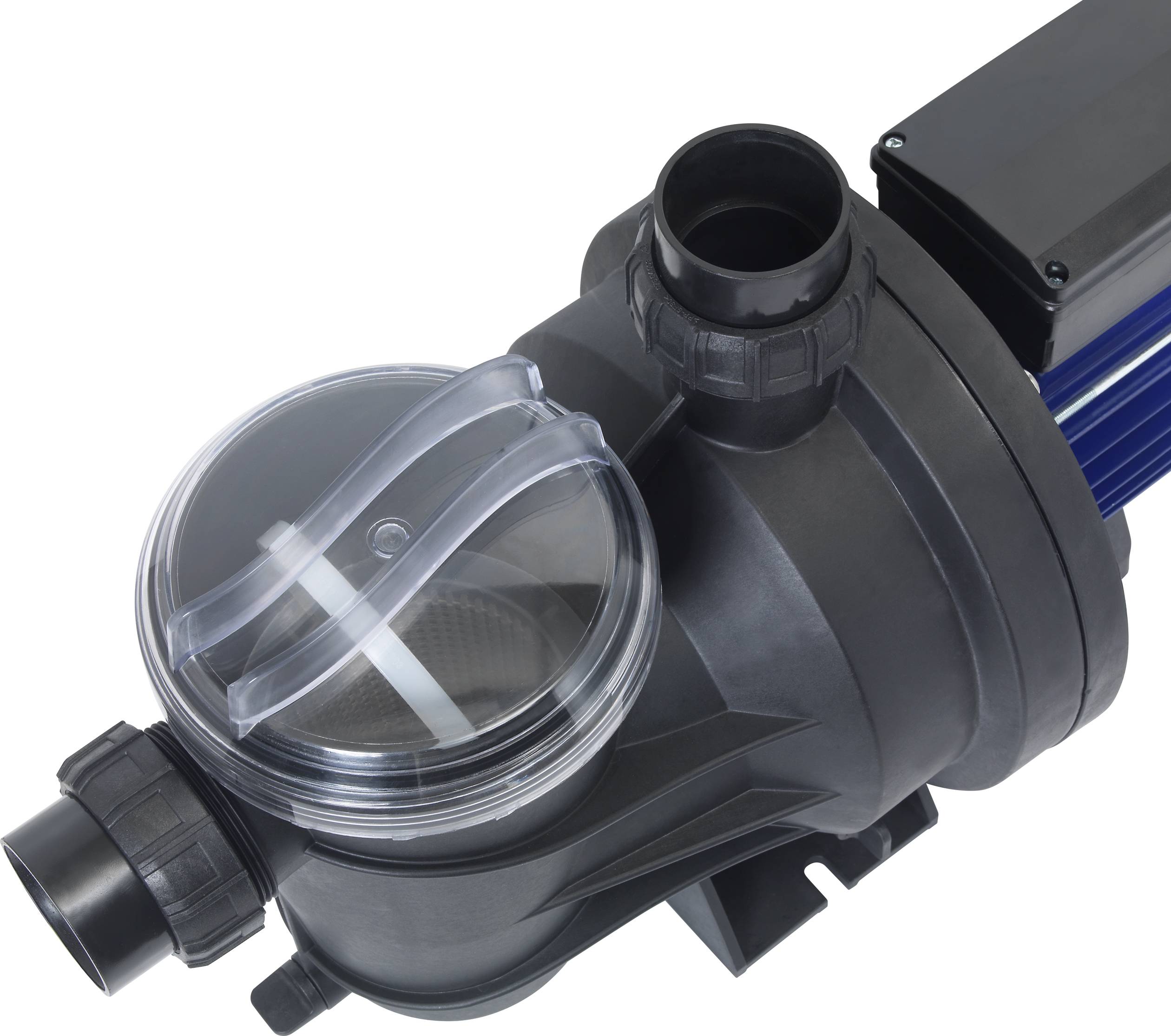 Črna vodna črpalka s prozornim pokrovom in modrim ohišjem, primerna za bazene ali ribniki.