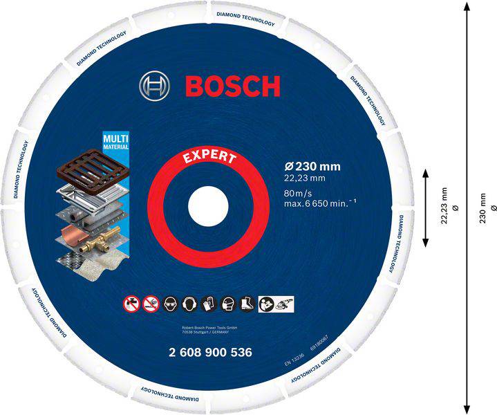 Boscheva rezalna plošča, premer 230 mm, primerna za različne materiale. Maksimalna hitrost: 80 m/s, maksimalno število obratov: 6.650 na minuto.