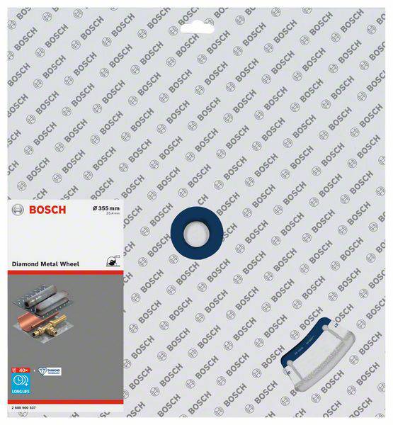 'Bosch embalaža za diamantno rezalno ploščo, 355 mm. Levo slika plošče med uporabo. Logotip blagovne znamke in podatki o izdelku so vidni.'