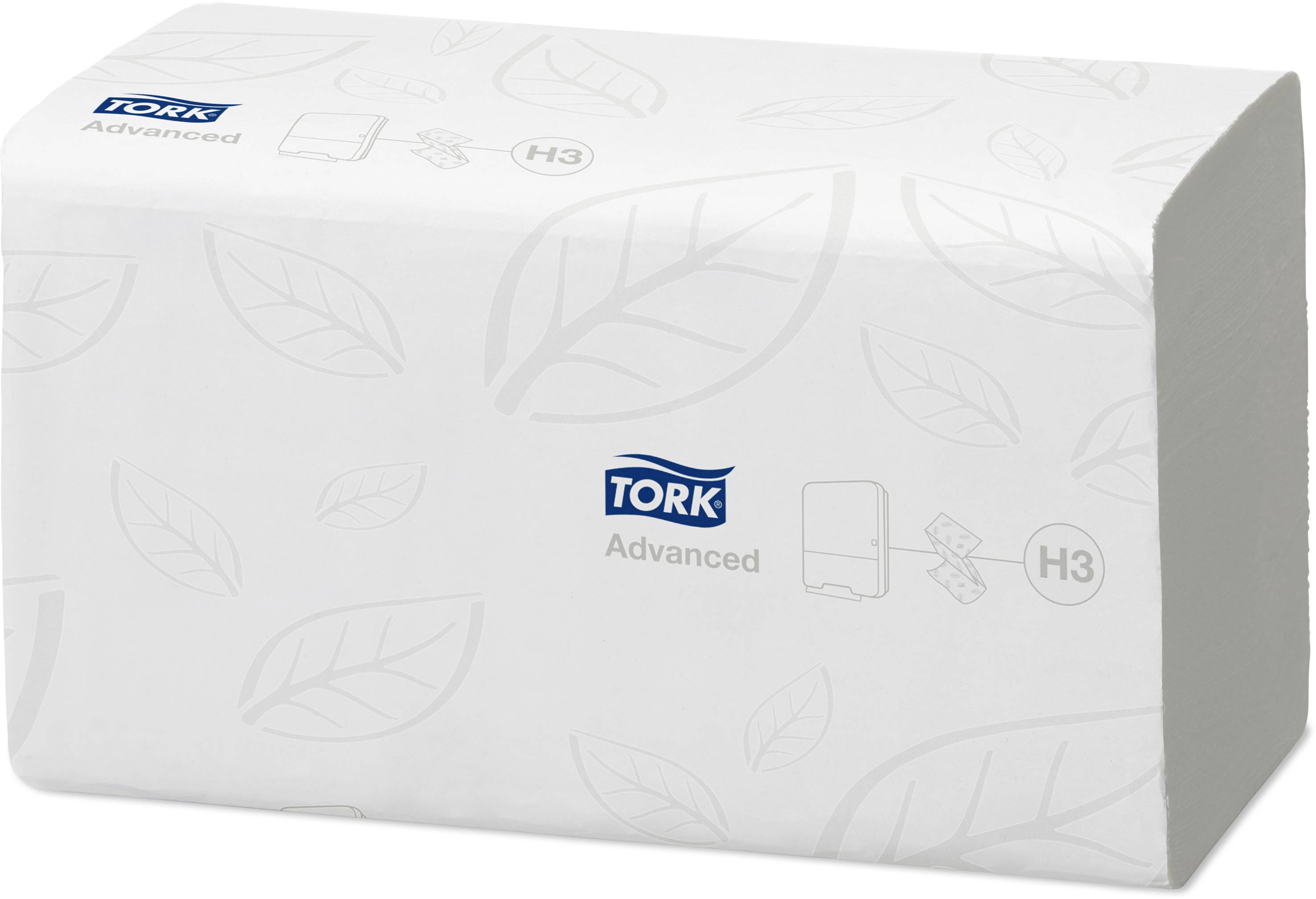 Paketki papirnatih brisač znamke 'Tork Advanced'. Pravokotne oblike, v beli embalaži z vzorcem listov in modrim napisom blagovne znamke.