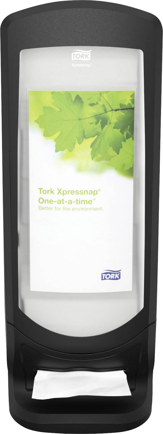 Razdelilnik papirnatih serviet z zelenim listnim dizajnom in napisom 'Tork Xpressnap – po ena naenkrat, Bolje za okolje'.