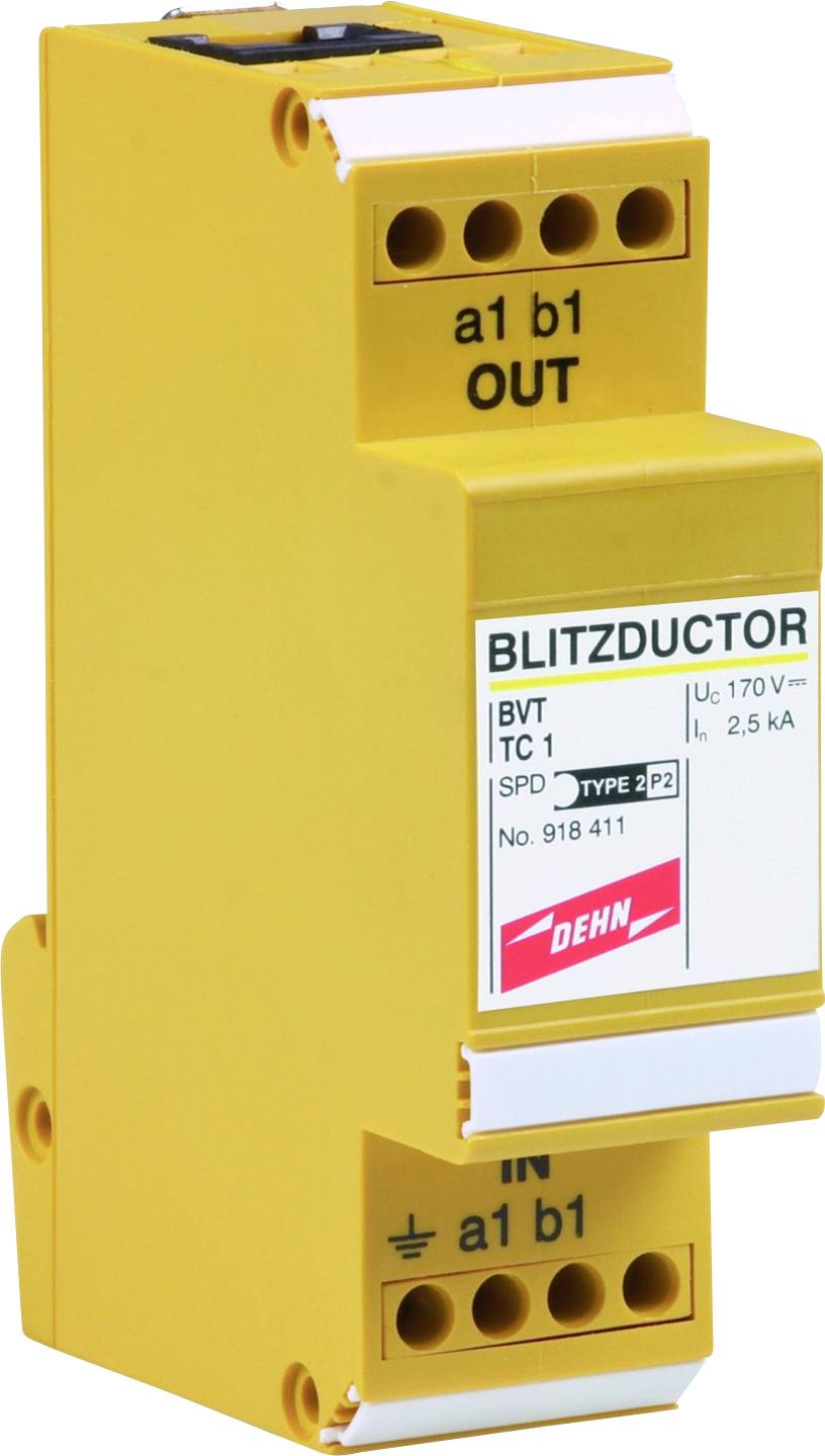 Rumeno električno napravo z napisom 'BLITZDUCTOR', napisno ploščico, ki prikazuje Uc 170 V~, SPD tipa 2, In 2,5 kA, proizvajalec DEHN.