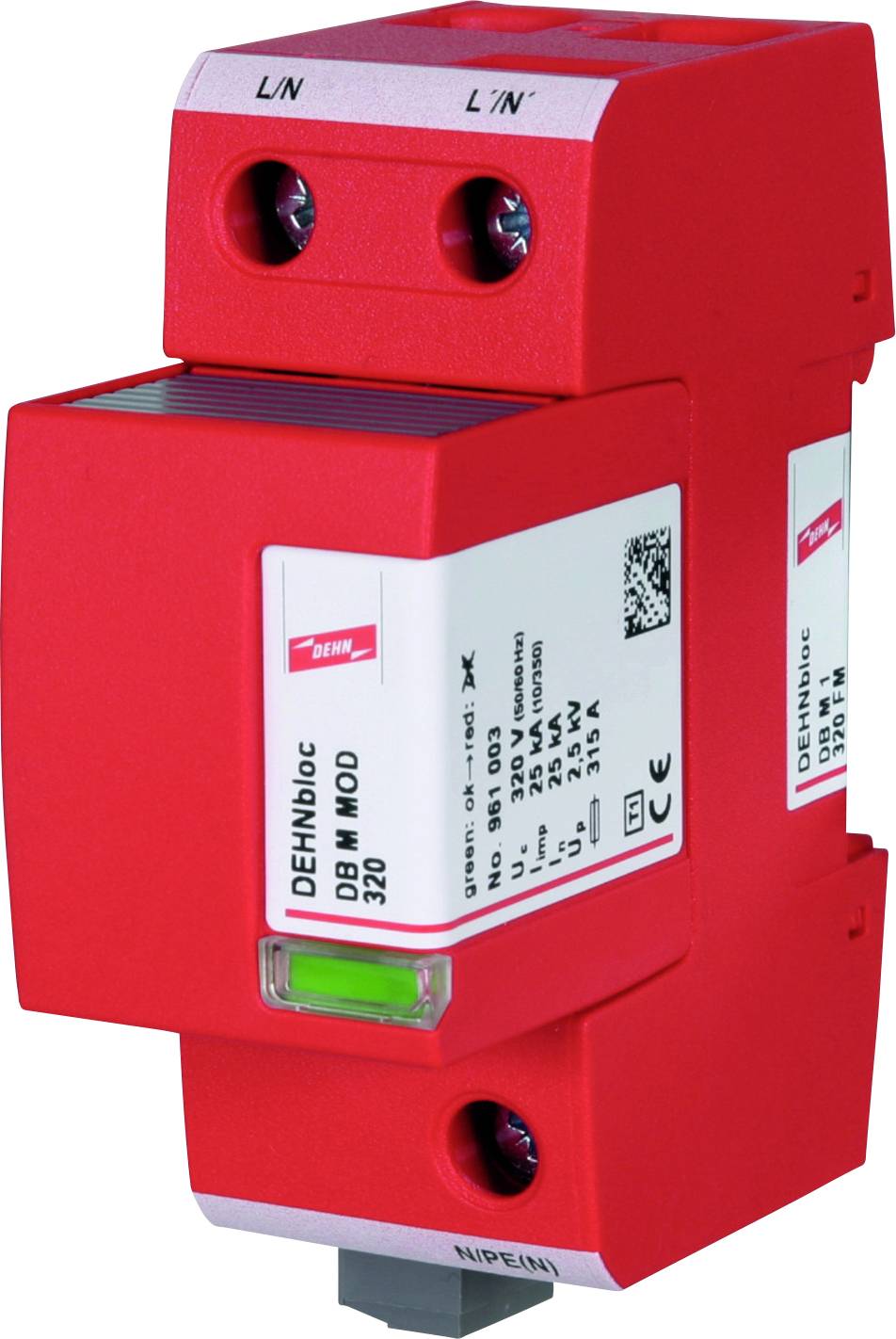 Rdeča DEHN naprava za zaščito pred prenapetostjo, model DEHNbloc 920, namenjena montaži v električne napeljave, z tehničnimi podrobnostmi na nalepki.