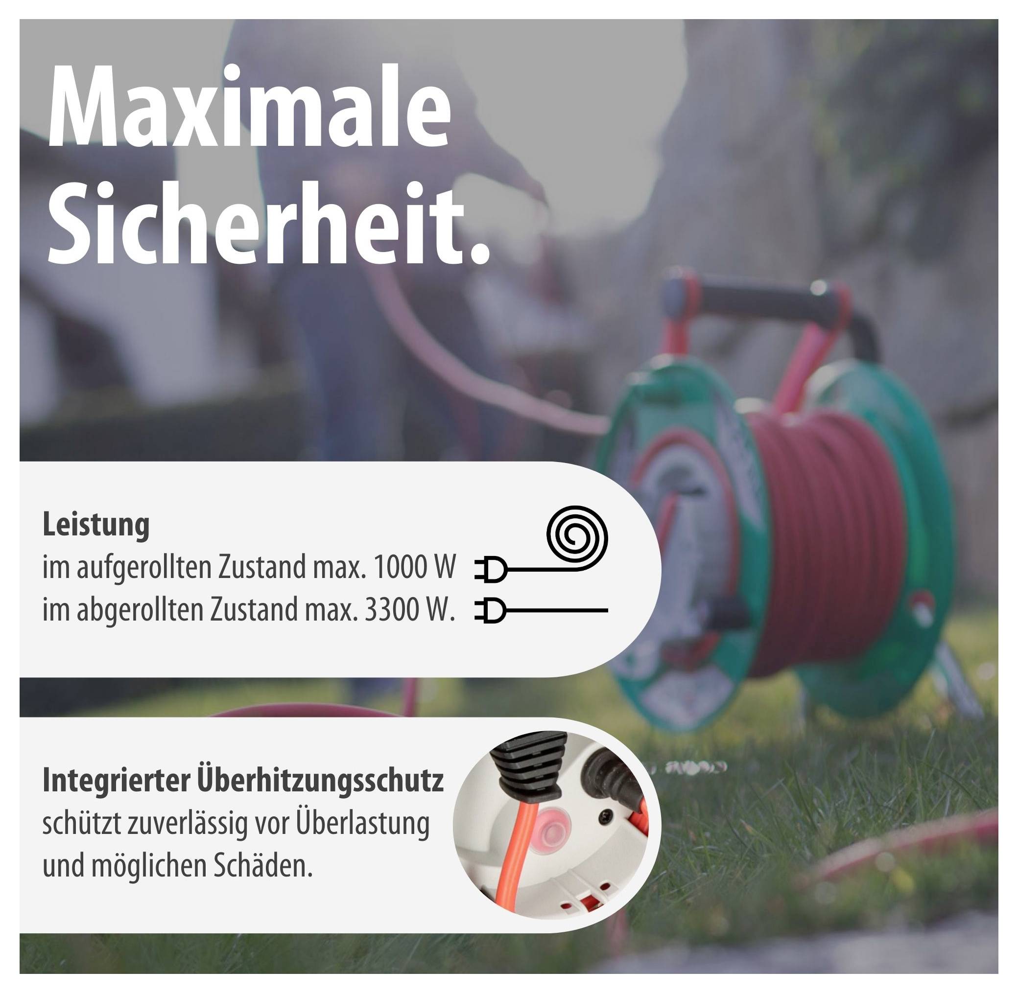 Oglas za produkt kabline bobne z naslovom 'Največja varnost.'; navaja moč največ 1000 W navite in 3300 W razpete ter integrirana zaščita pred pregrevanjem.