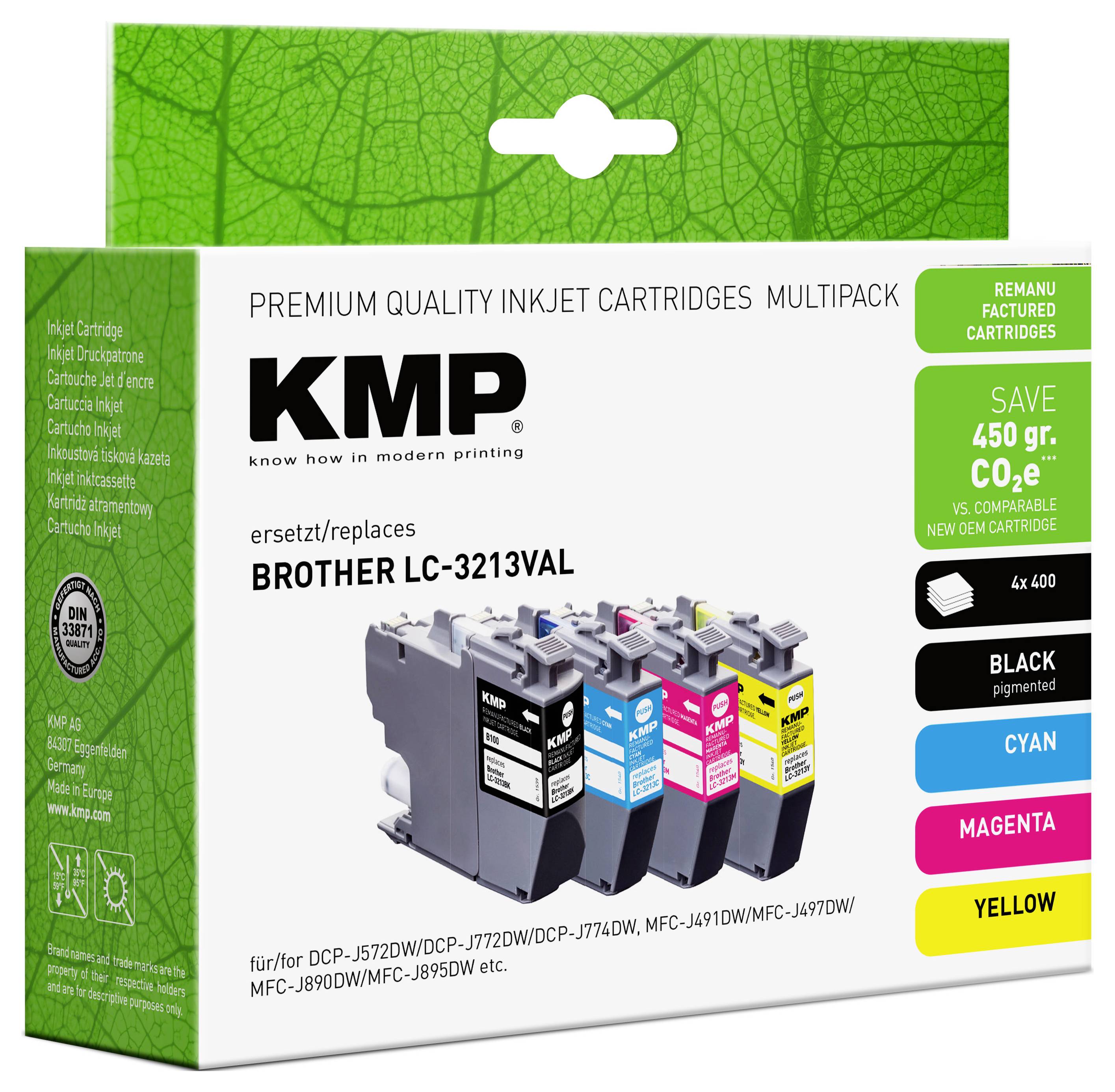 KMP premium črnilni kartuše za brizgalni tiskalnik v multipack za Brother LC-3213VAL, prikazane s črno, ciano, magenta in rumeno nadomestno kartuško s trditvijo o prihrankih.