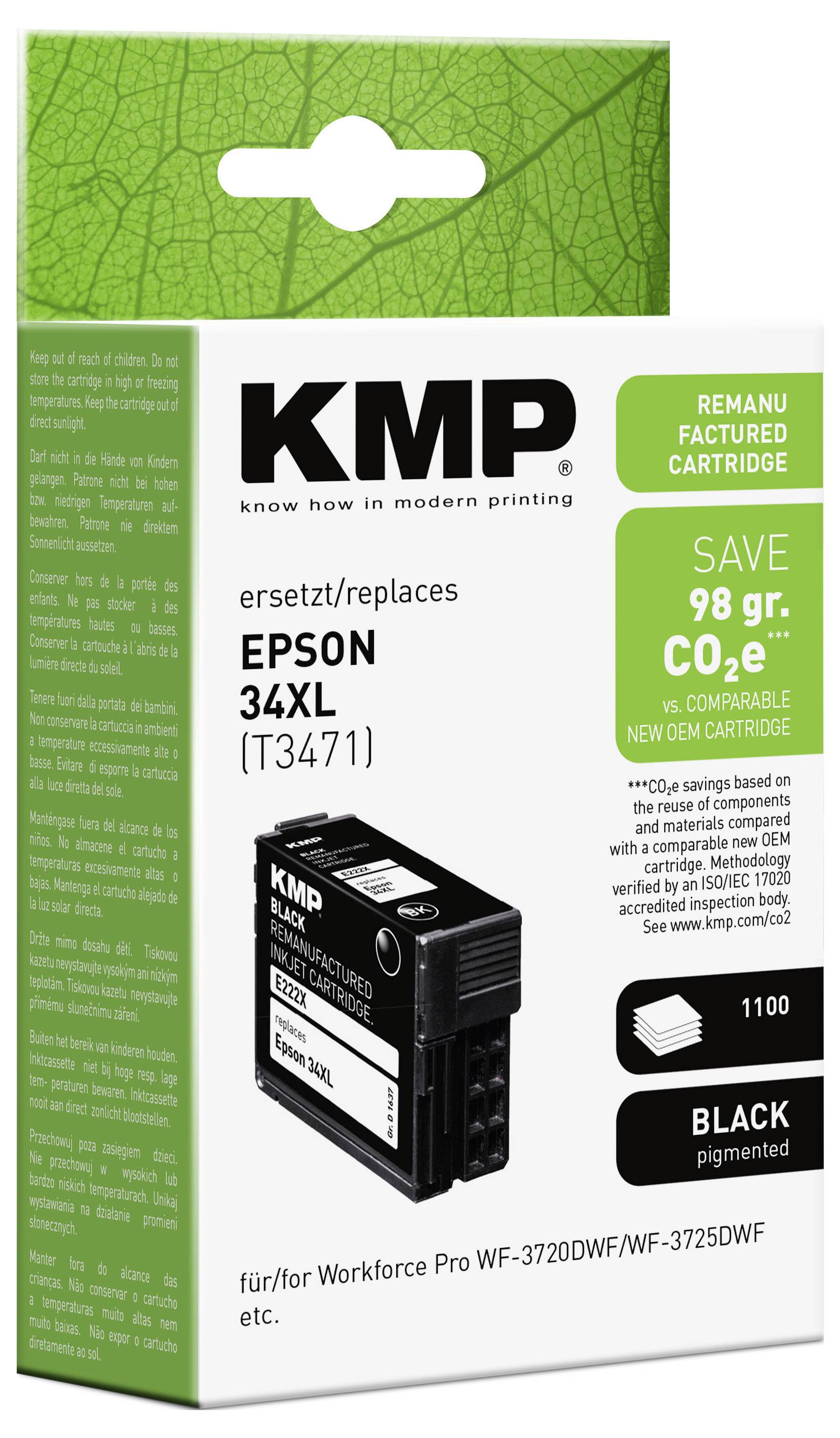 Nadomestna črna tiskalna kartuša KMP za Epson 34XL (T3471), prikazana v originalni embalaži s podatkom 'Prihrani 98 gr. CO2e' in kompatibilnostjo za tiskalnike Workforce Pro.