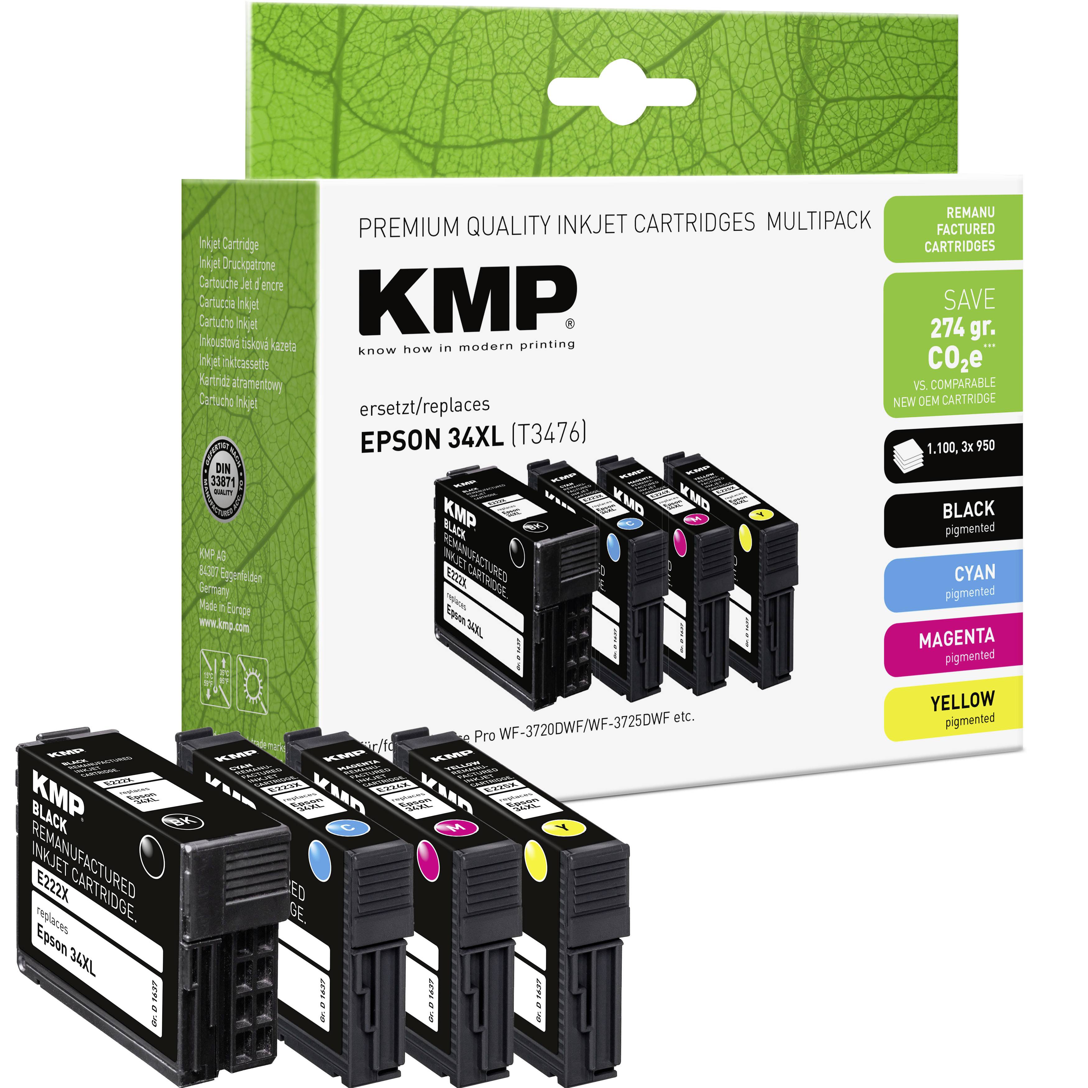 KMP premium tiskalnik inkjet multipack za Epson 34XL, prikazuje črne, azurne, magente in rumene kartuše v embalaži in nevezane.