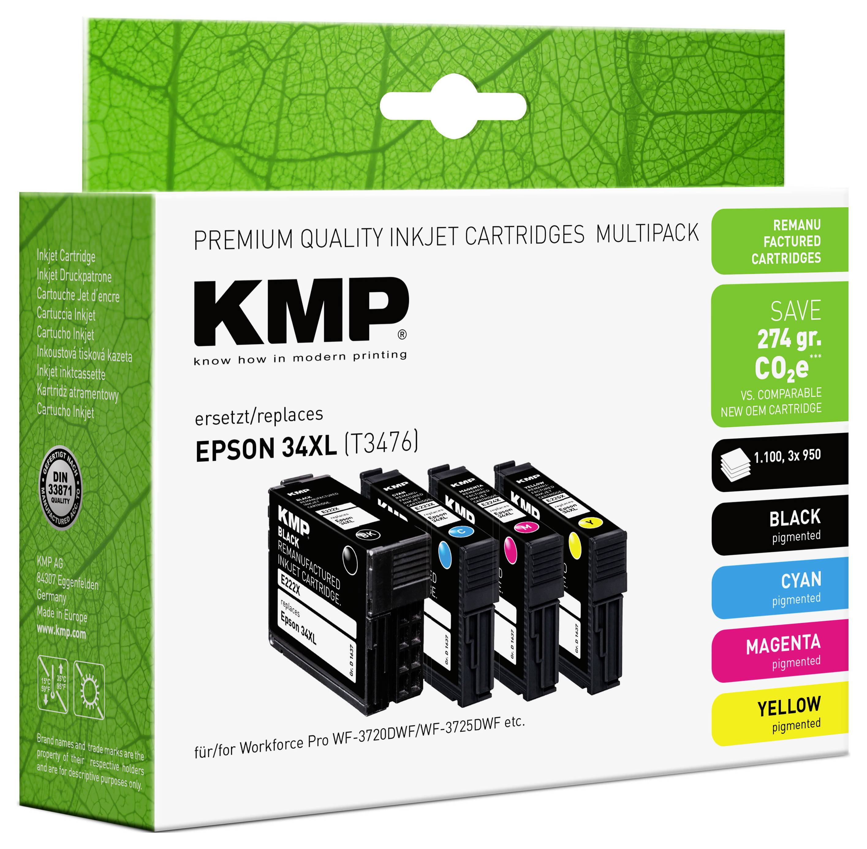 KMP kakovostne tiskalne kartuše za tiskalnik multipack za Epson 34XL, ki prikazuje črne, cianove, magenta in rumene pigmentne kartuše.