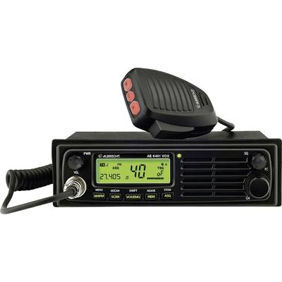 CB radijska postaja z mikrofonom, LCD-zaslon prikazuje frekvenco 27.405 MHz in kanal 40. Tipke za funkcije, kot so AM/FM in skeniranje.