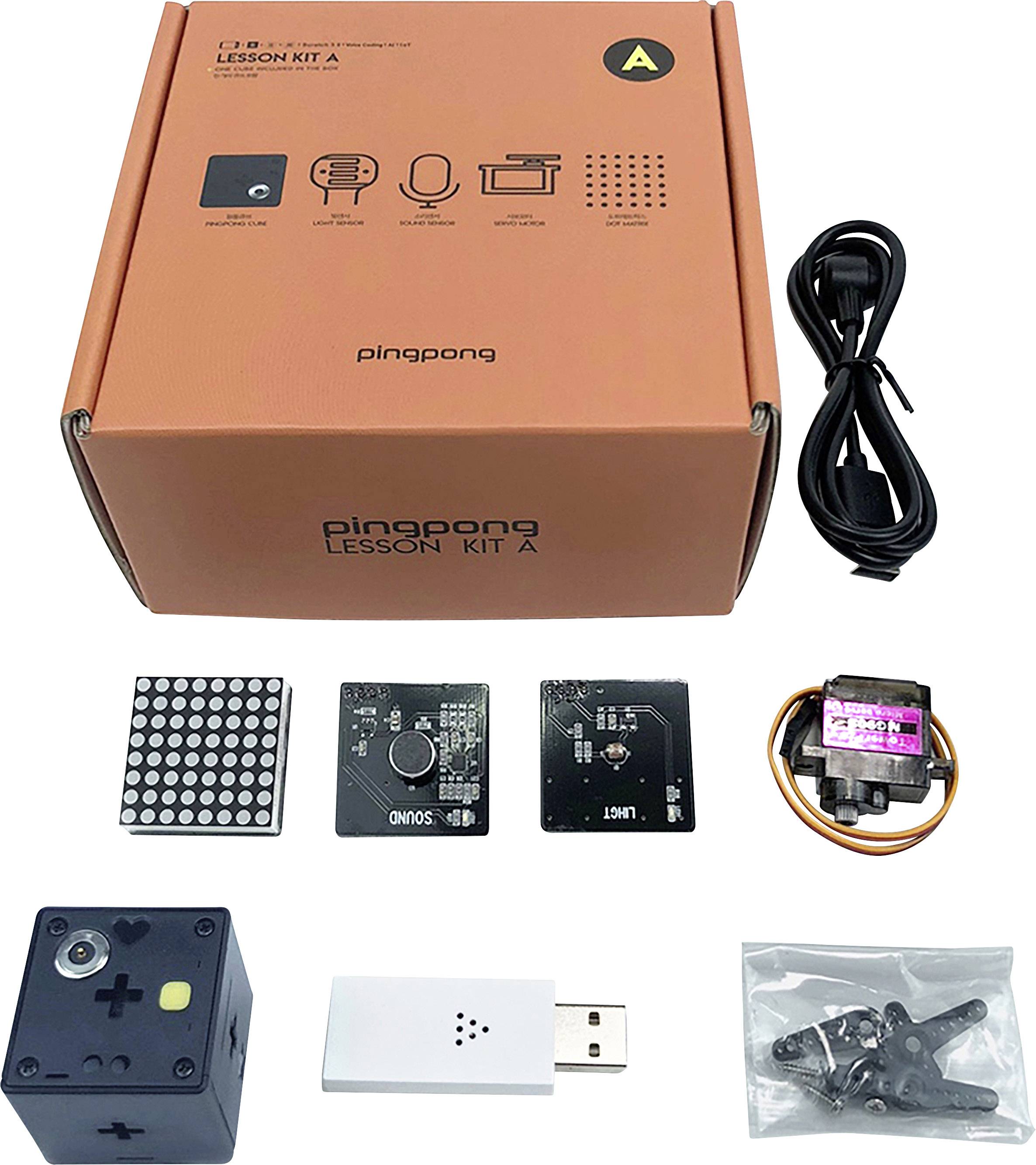 'pingpong LESSON KIT A' vsebuje elektronske module: LED-matrico, mikrofon, gibalni senzor, servo motor, USB-adapter, kable in vijake.
