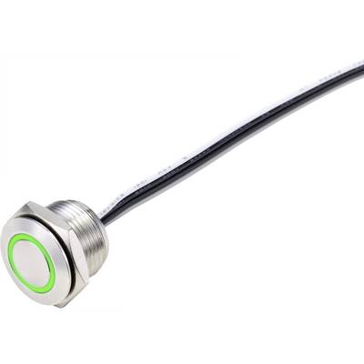Kovinski stikalni element z zeleno LED indikacijo ob robu, povezan s kablom.