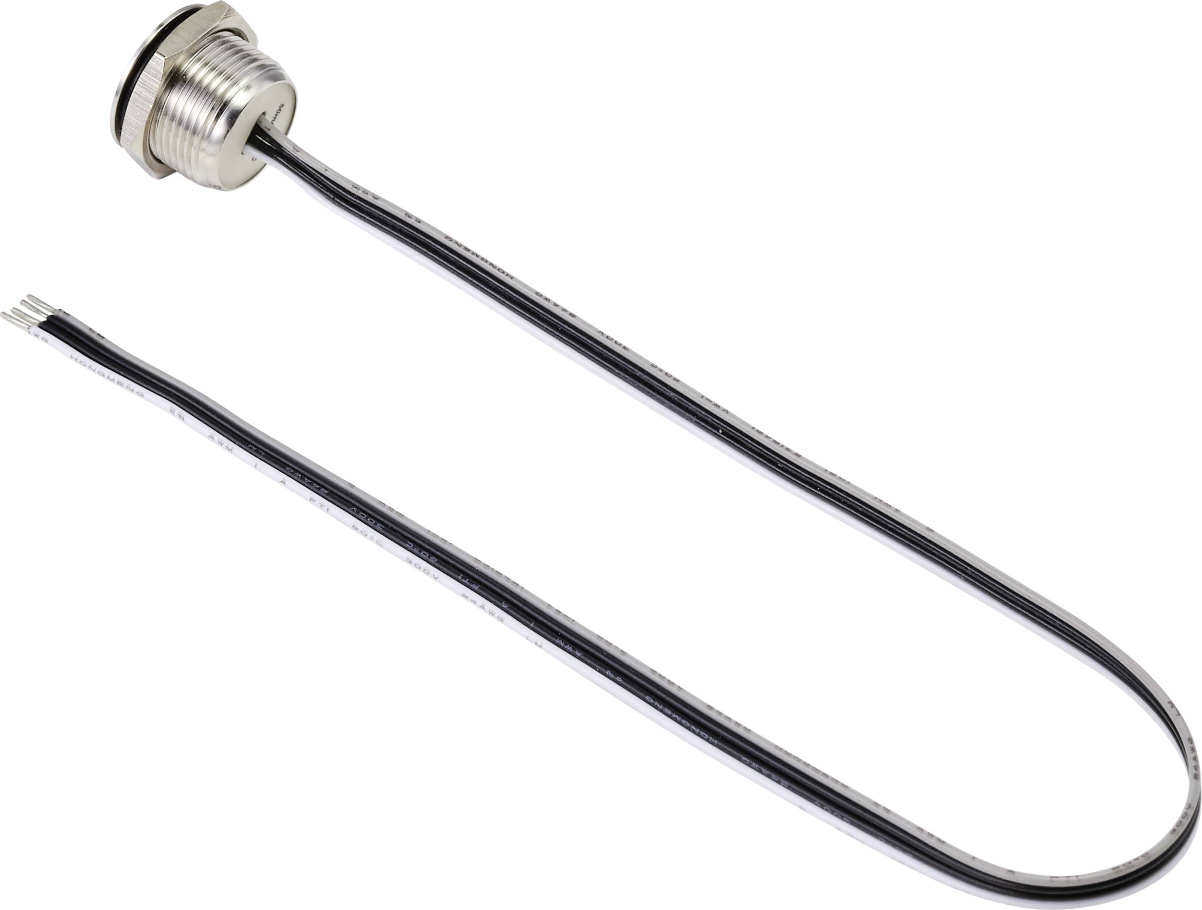 Okrogel kovinski pritisni gumb z dolgimi črnimi kabli za električno povezavo, izoliran na beli podlagi.