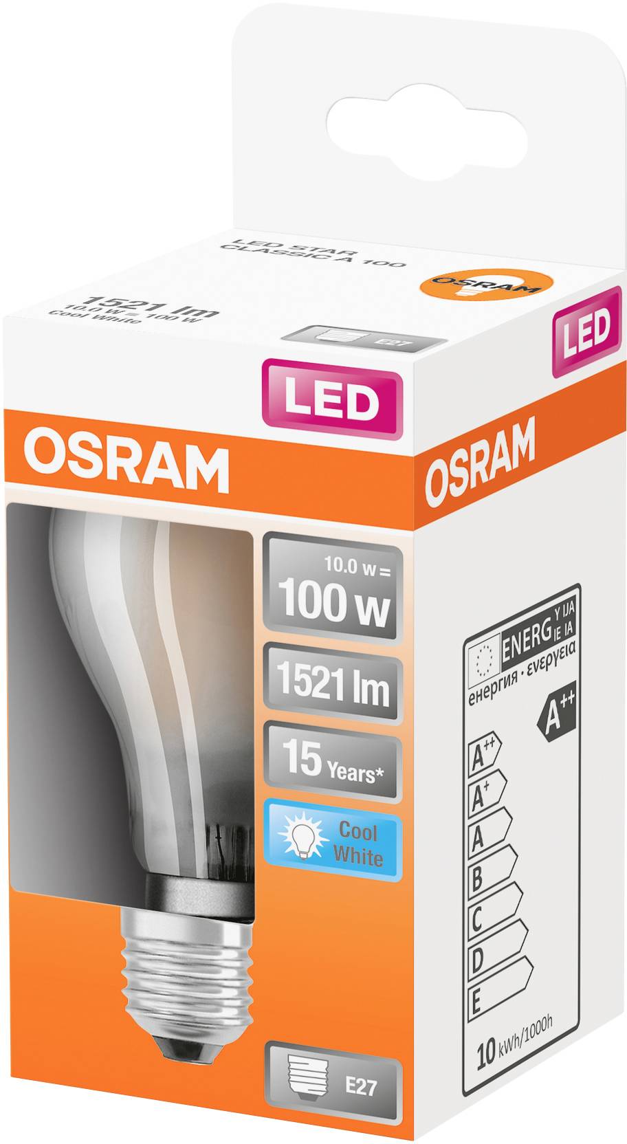 LED-sijalka znamke OSRAM v embalaži, 100 W ekvivalent, 1521 lm, 'Cool White', podnožje E27, energijski razred A++, življenjska doba 15 let.
