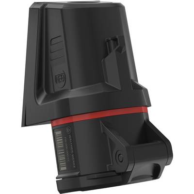 Črno plastično ohišje elektronske naprave pod kotom z rdečim trakom na sredini in vidno črtno kodo.